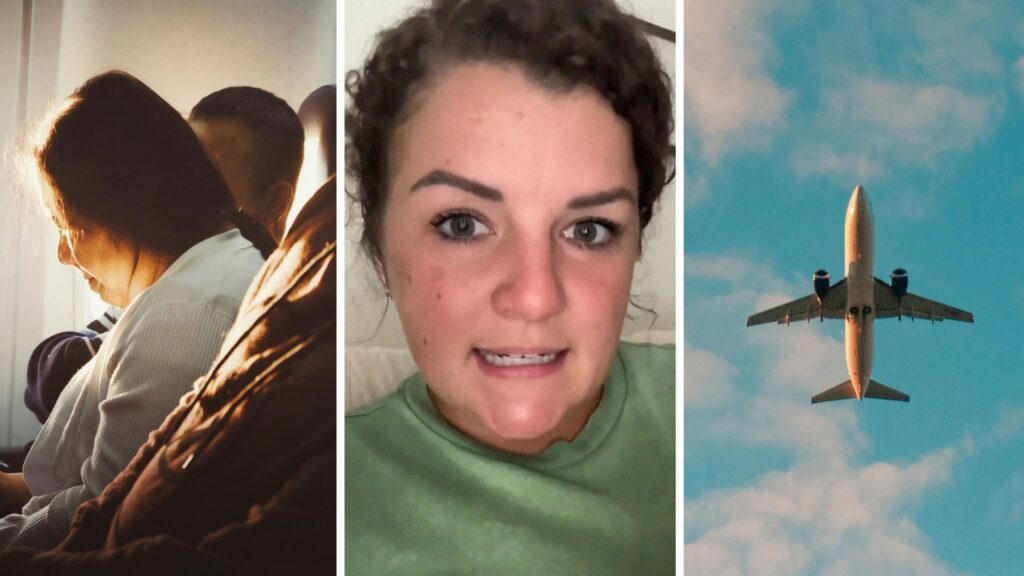 woman travelling with her husband (l) flight attendant shares flight experience (c) plane in the sky (r)