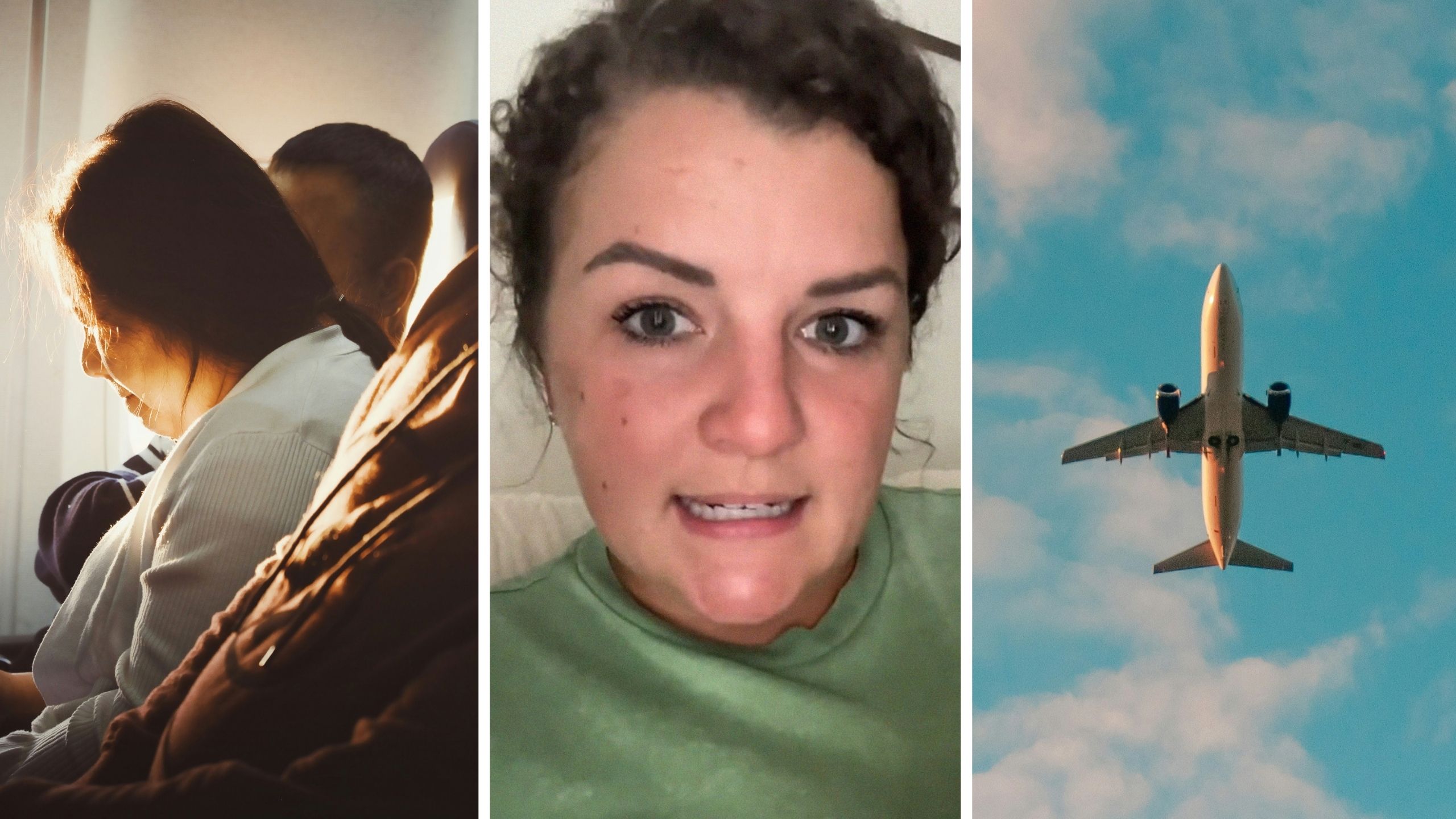 woman travelling with her husband (l) flight attendant shares flight experience (c) plane in the sky (r)