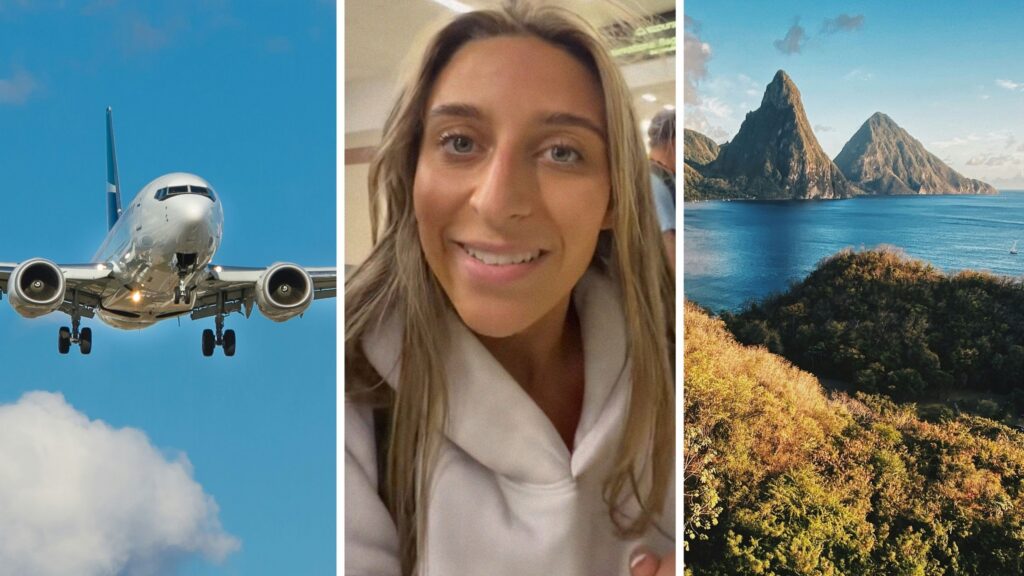 flight on the go (l) woman shares honeymoon experience (c) St. Lucia island (r)