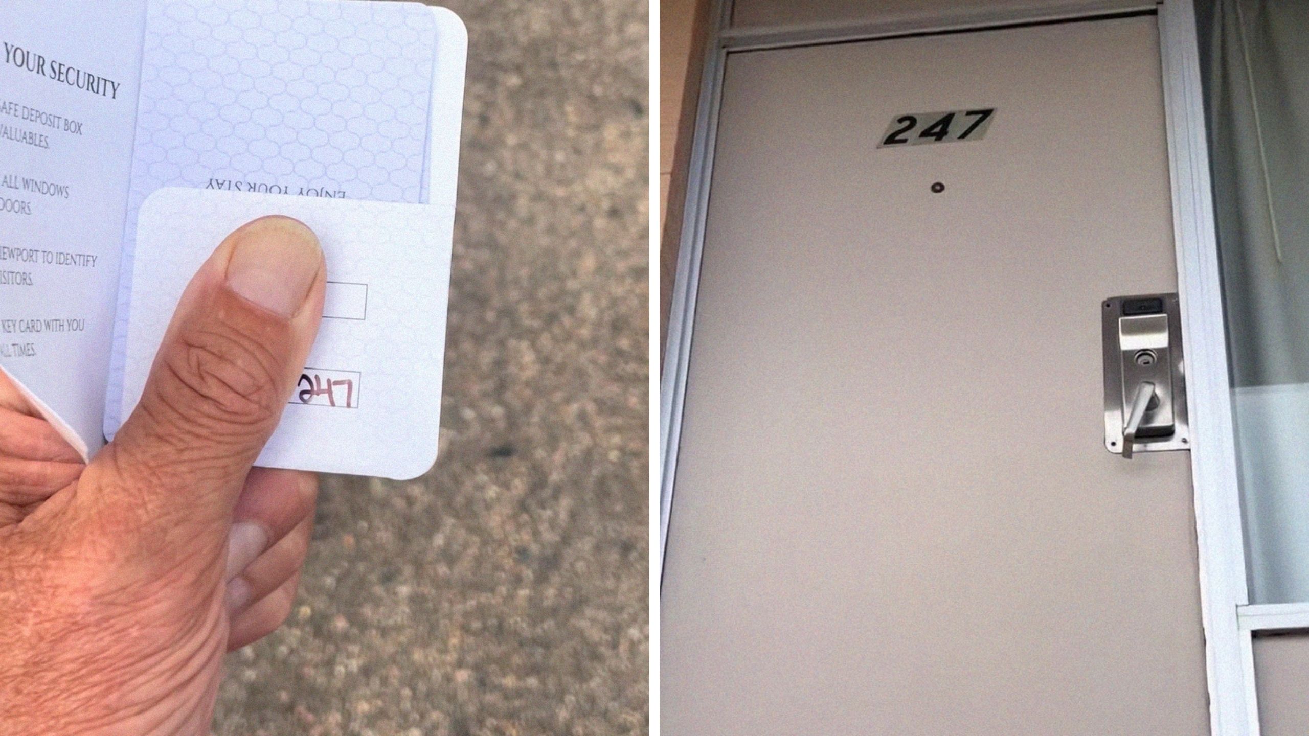 man holding his room key (l) room door (r)