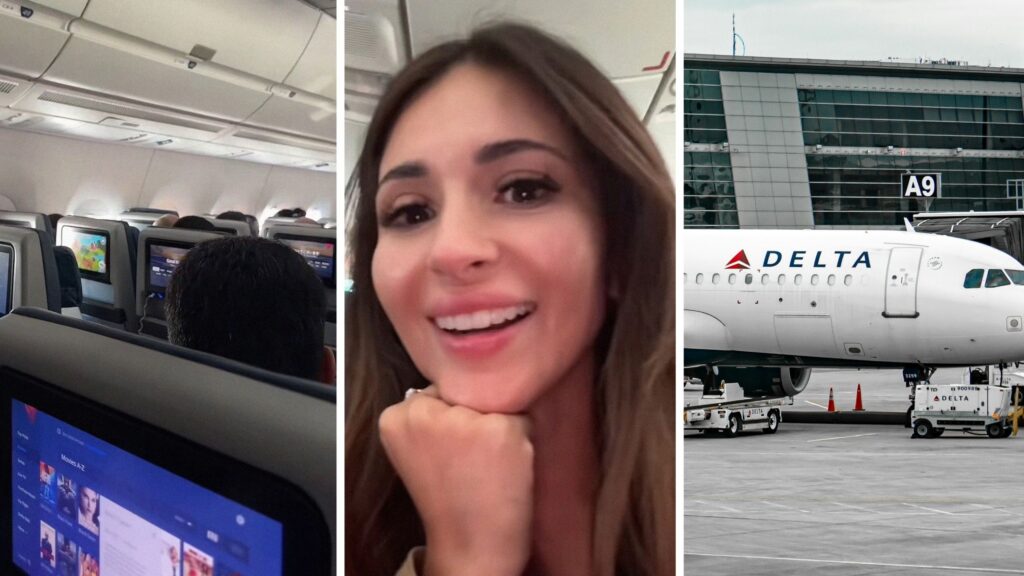 flight interior (l) woman shares travelling experience (c) Delta airlines (r)