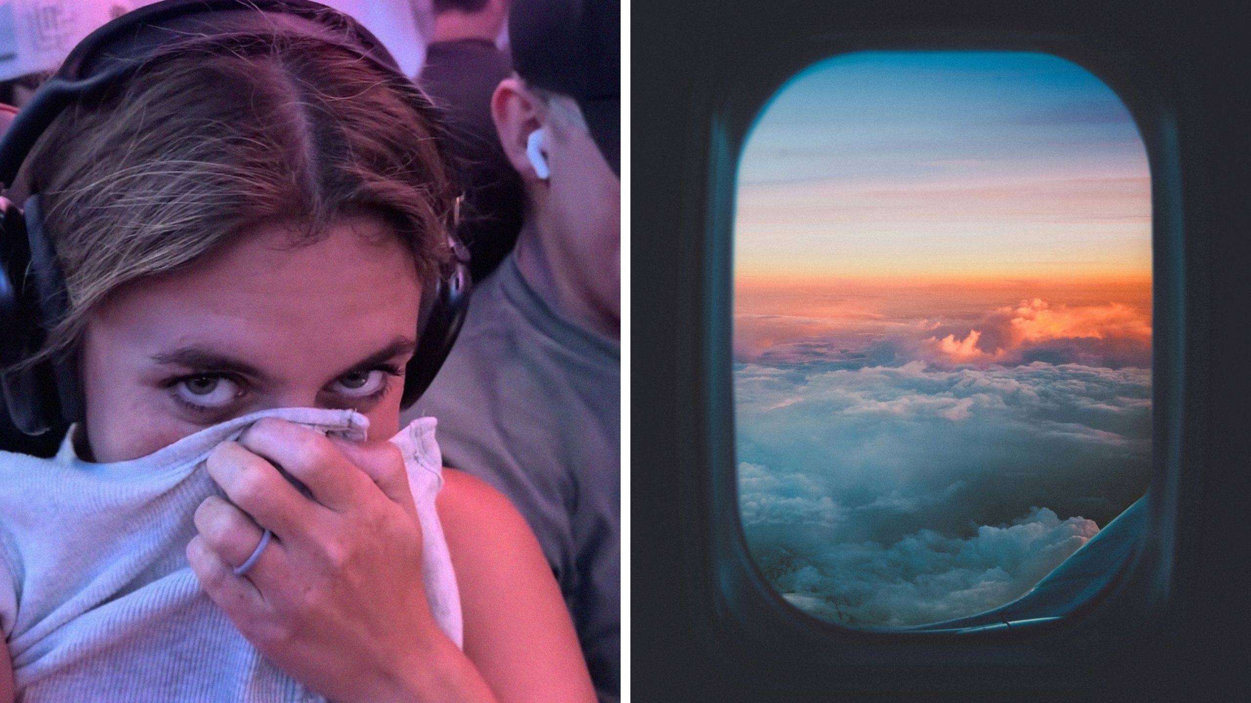 woman shares travelling struggles (l) flight view (r)