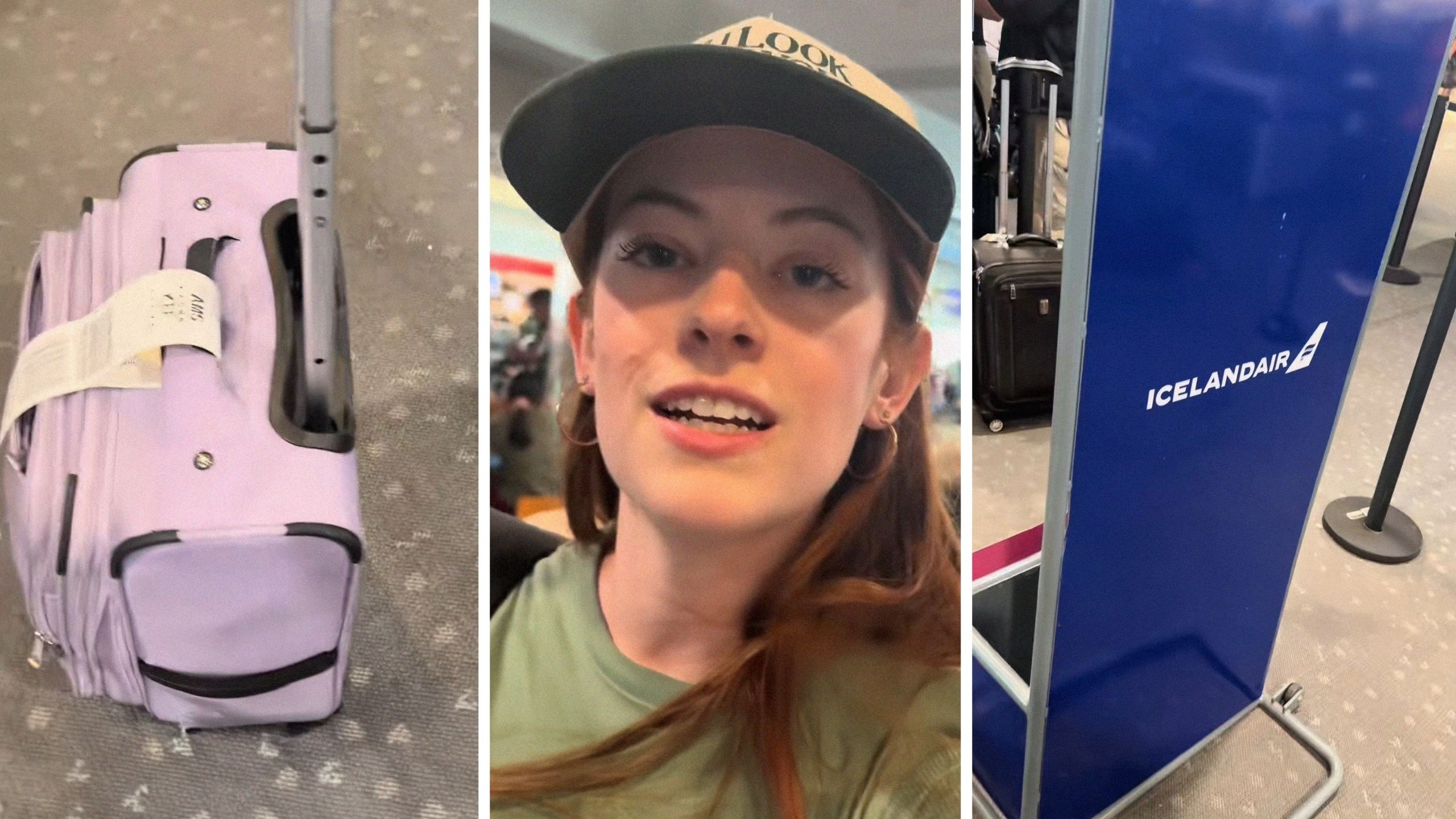 carry-on bag (l) woman shares flight issue (c) Icelandair carry-on check (r)